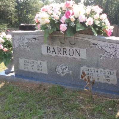 Carlton B Barron, August 22 1901 to December 8 1994, Juanita Bolyer Barron, September 21 1926 to September 4 1995, Ramah Cemetery Natchitoches Parish