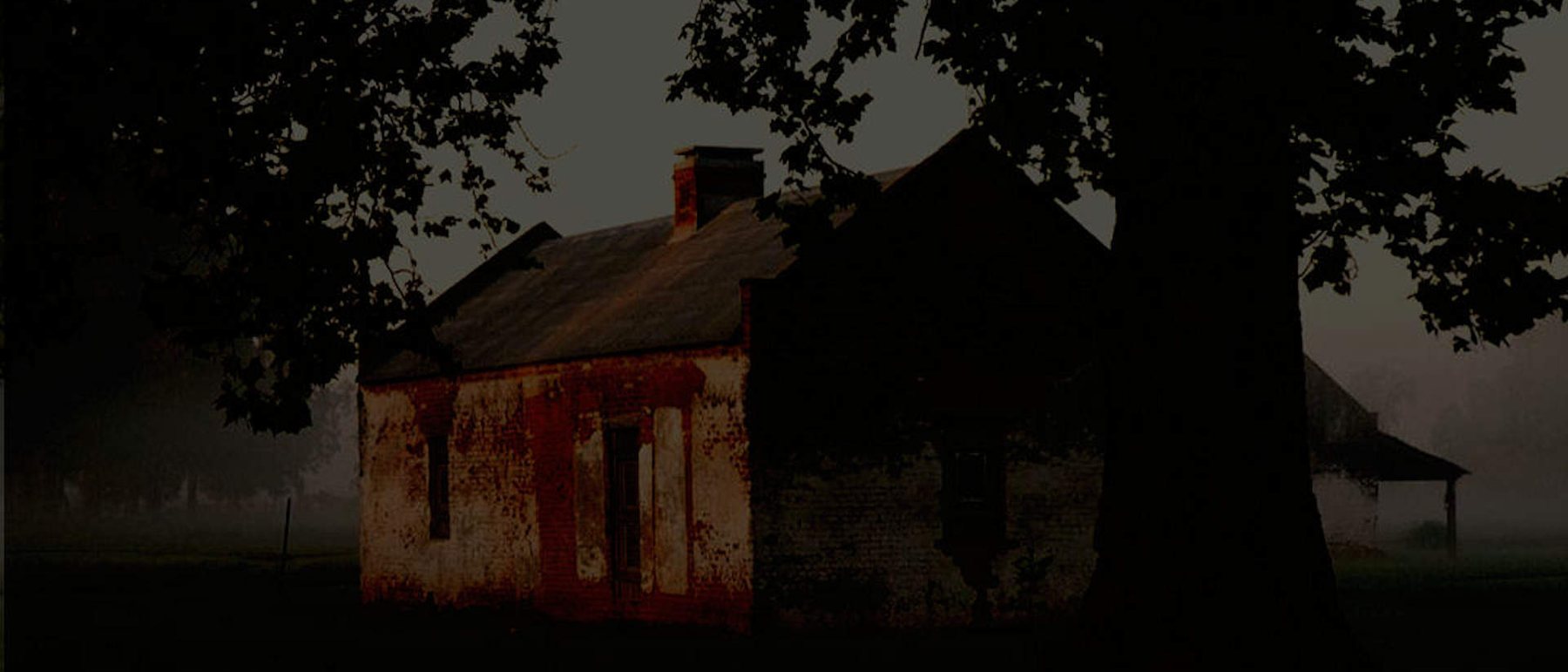 A brick quarters cabin at Magnolia Plantation seen through the branches of a live oak at dusk